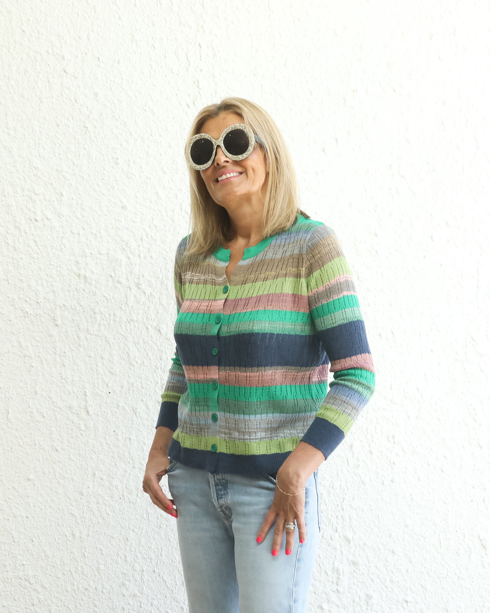 Breezy Stripe Rib Long Sleeve Cardigan - Greens