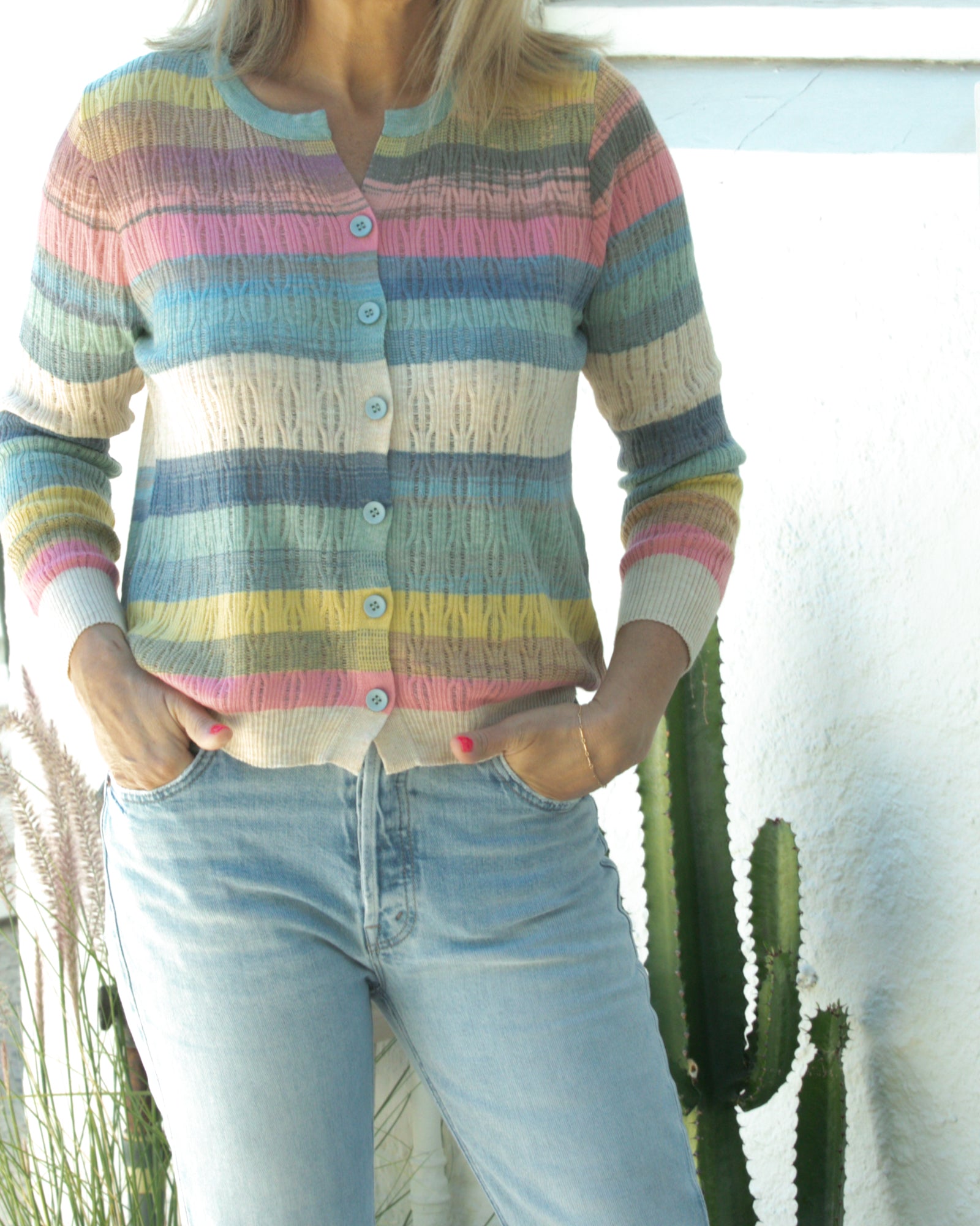 Breezy Stripe Rib Long Sleeve Cardigan - Pastels