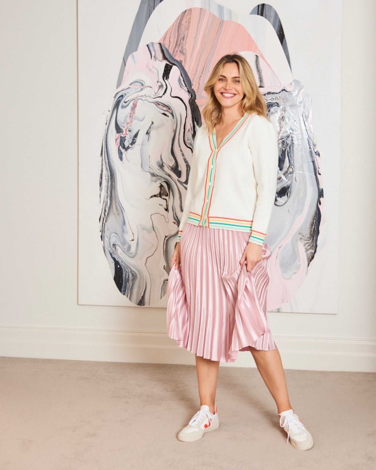 Rose Pink Metallic Waistband Pleated Skirt