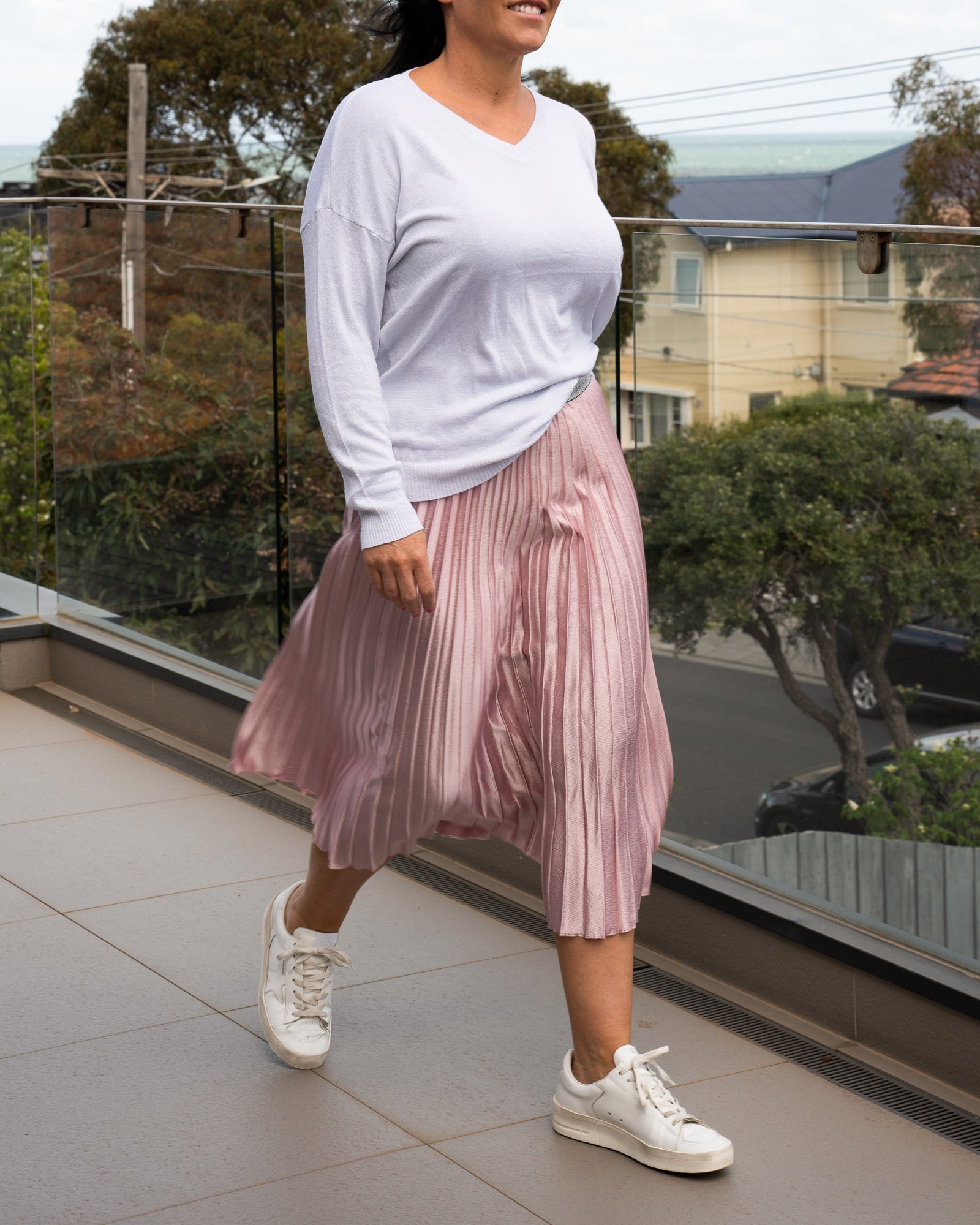 Rose Pink Metallic Waistband Pleated Skirt
