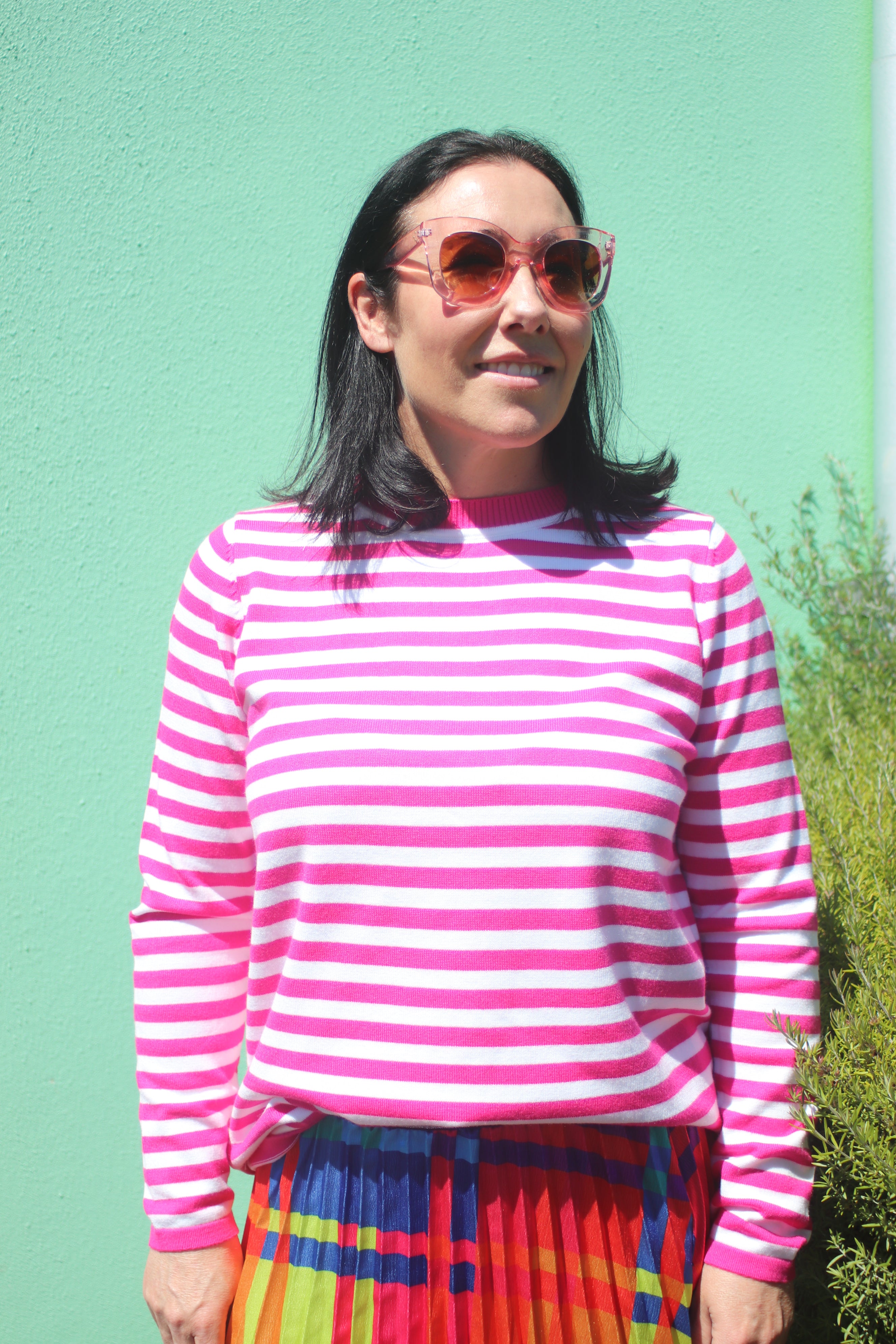 Lucky Stripe Knit Jumper - Hot Pink and White