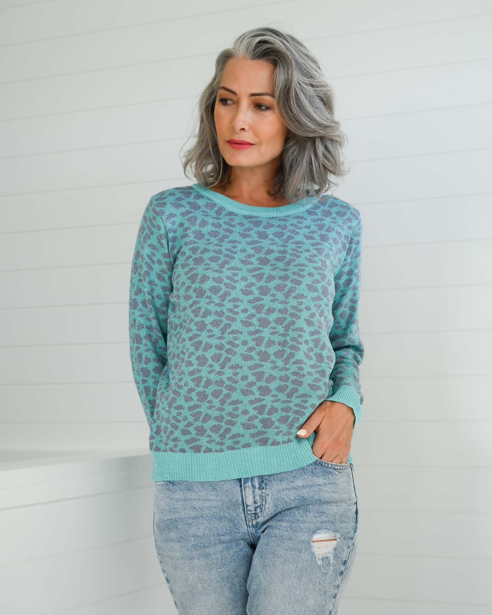 Animal Lurex Knit Jumper - Aqua