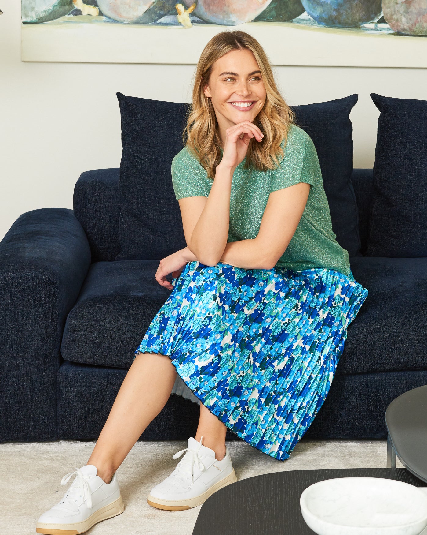 Blue Bouquet Pleated Skirt