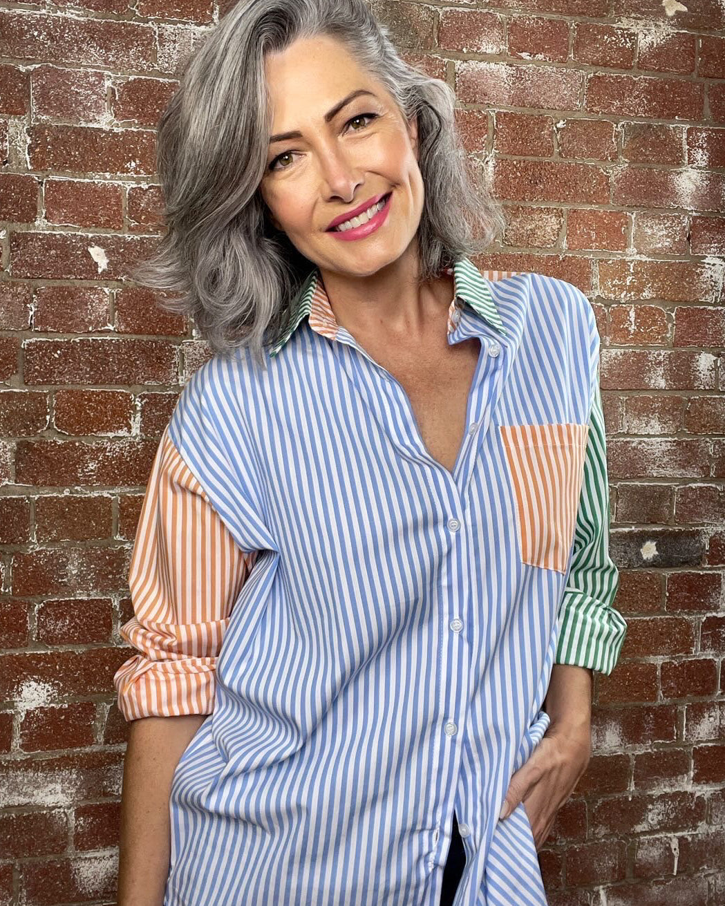 Oversized Stripe Boyfriend Shirt - Blue, Green and Orange