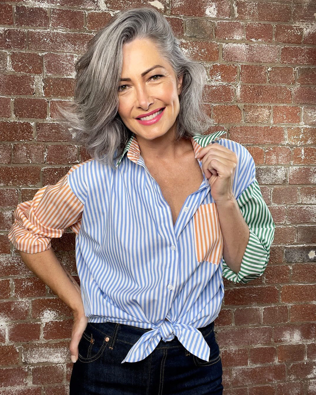 Oversized Stripe Boyfriend Shirt - Blue, Green and Orange