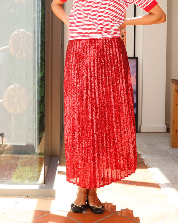 Star Sequin Pleated Skirt - Party Red
