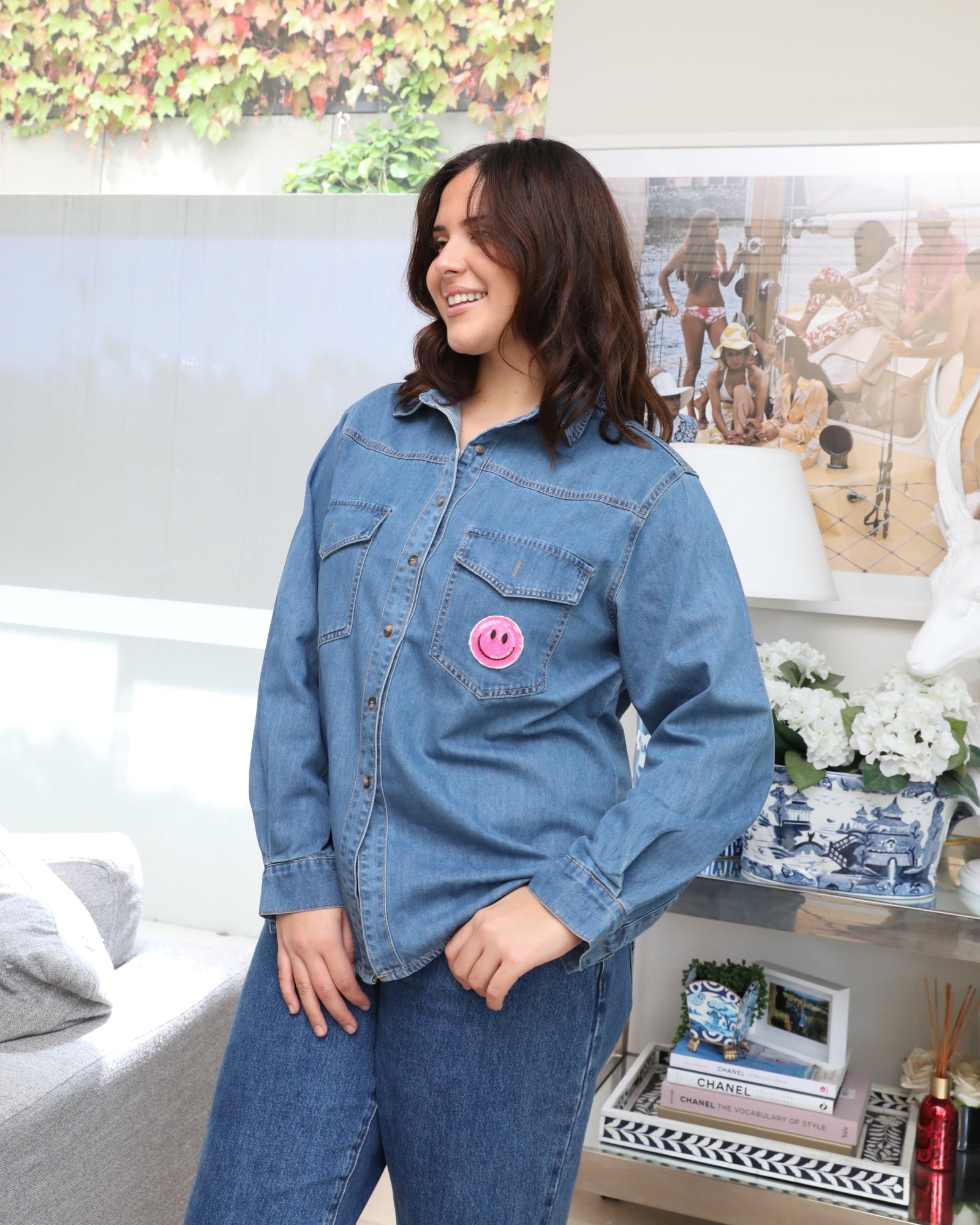 Essential Denim Shirt - Pink Sequin Smiley