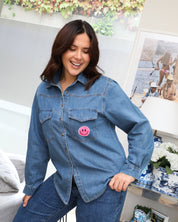 Essential Denim Shirt - Pink Sequin Smiley