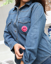 Essential Denim Shirt - Pink Sequin Smiley