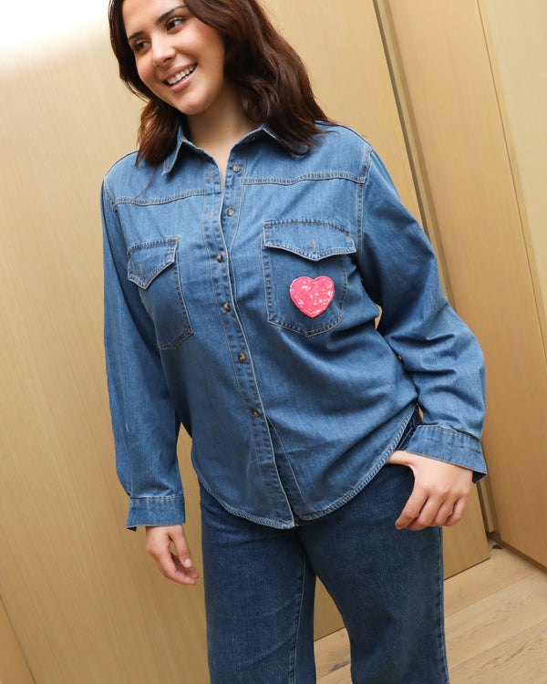 Essential Denim Shirt - Pink Heart