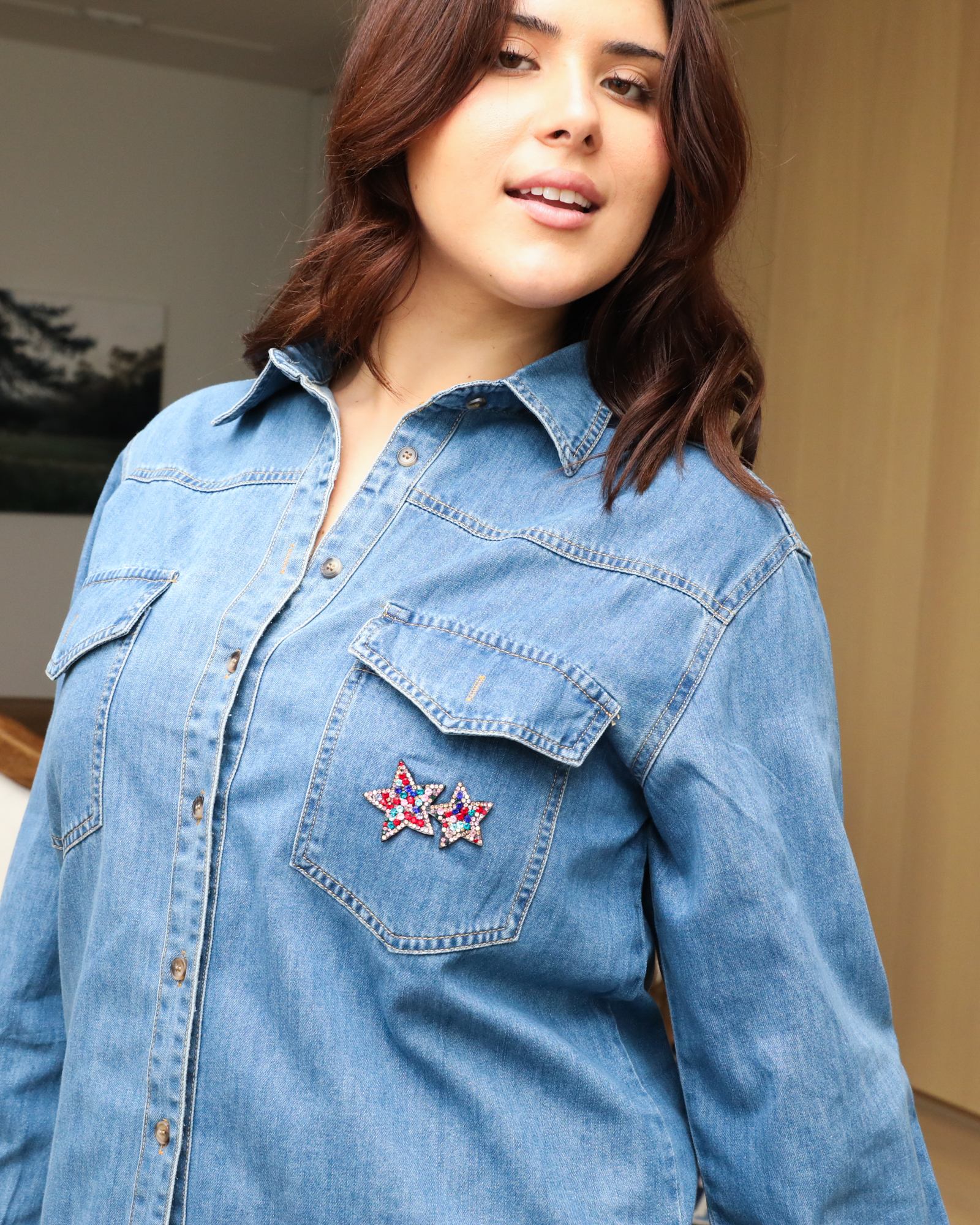 Essential Denim Shirt - Rhinestone Stars