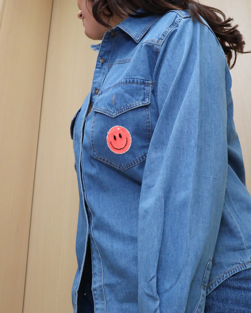 Essential Denim Shirt - Orange Sequin Smiley