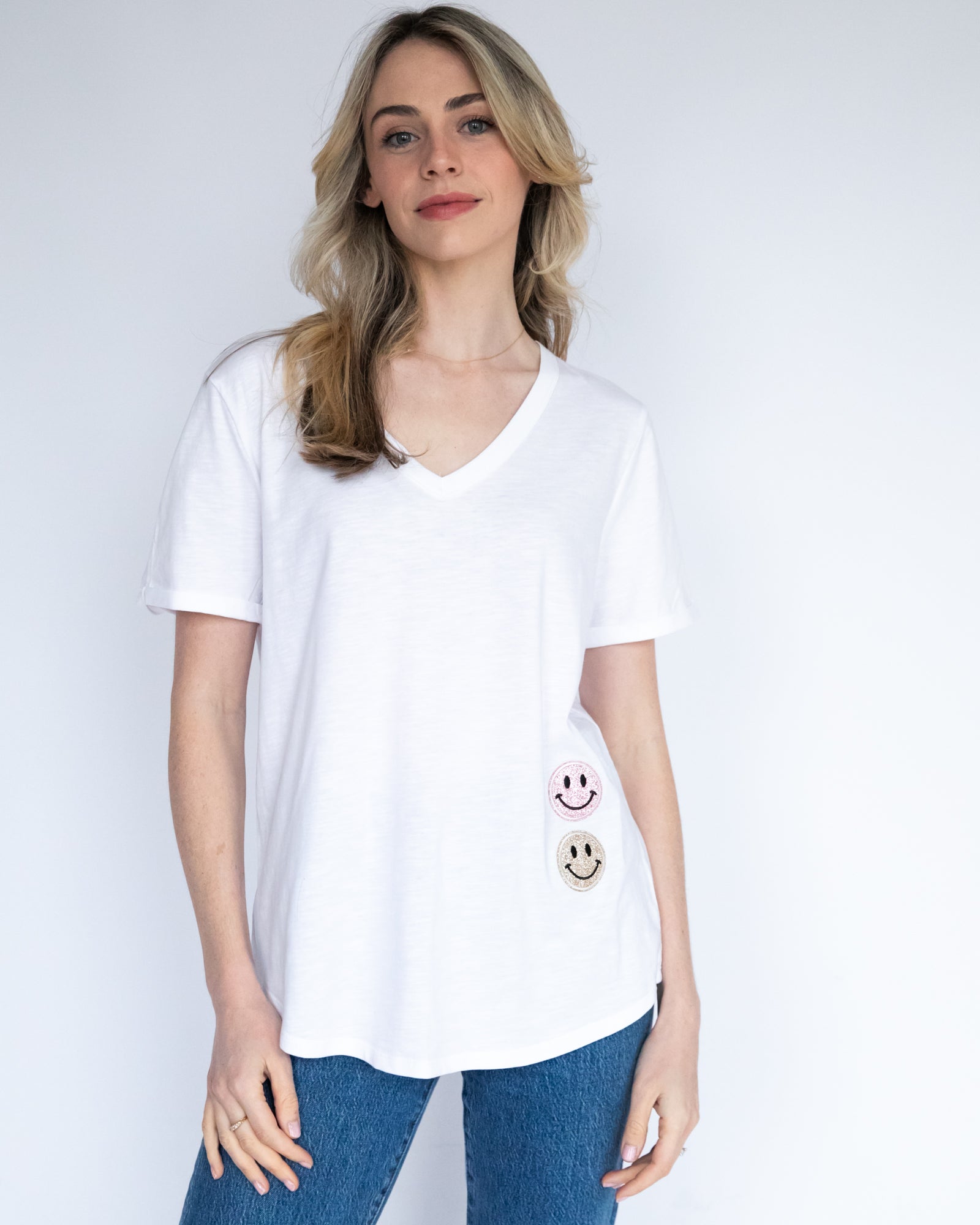 White V Neck T-Shirt - Sparkly Smile