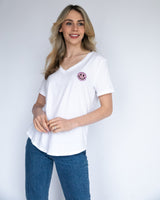 White V Neck T-Shirt - Pink Smiley