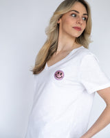 White V Neck T-Shirt - Pink Smiley