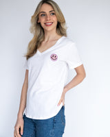 White V Neck T-Shirt - Pink Smiley