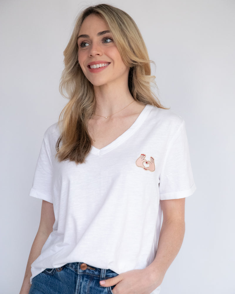 White V Neck T-Shirt - Heart Hands