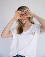 White V Neck T-Shirt - Heart Hands