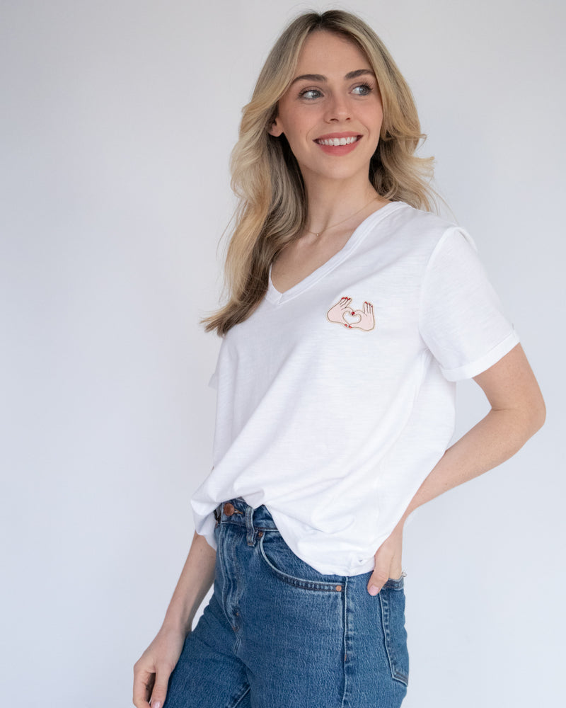 White V Neck T-Shirt - Heart Hands