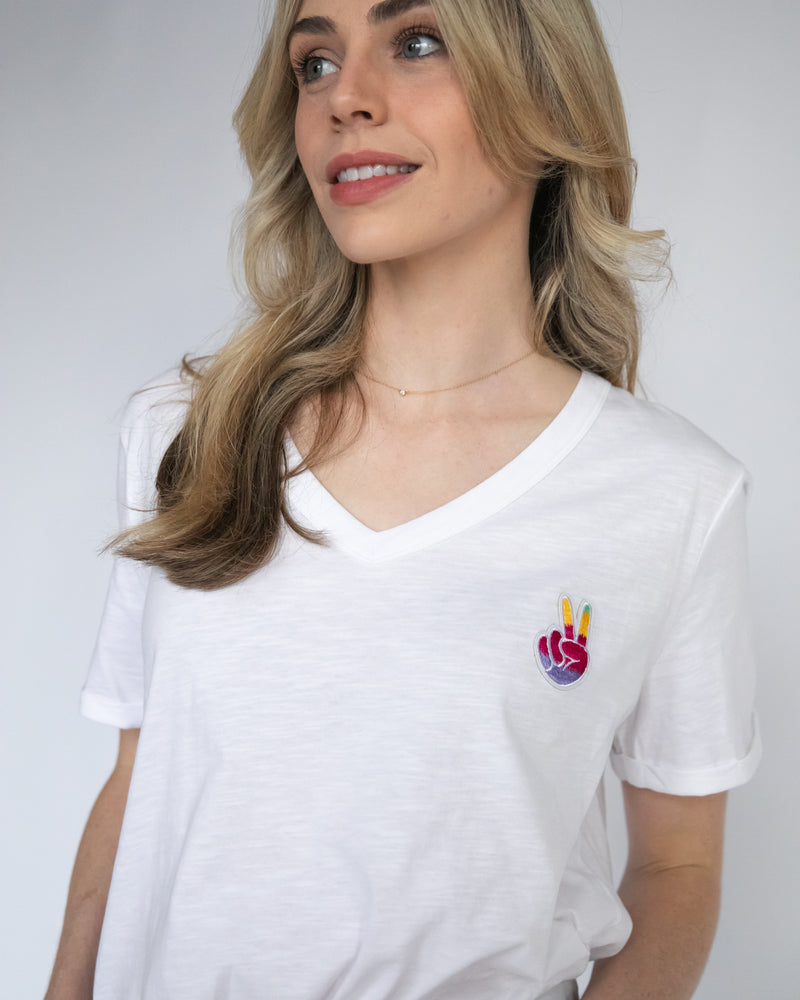 White V Neck T-Shirt - Peace