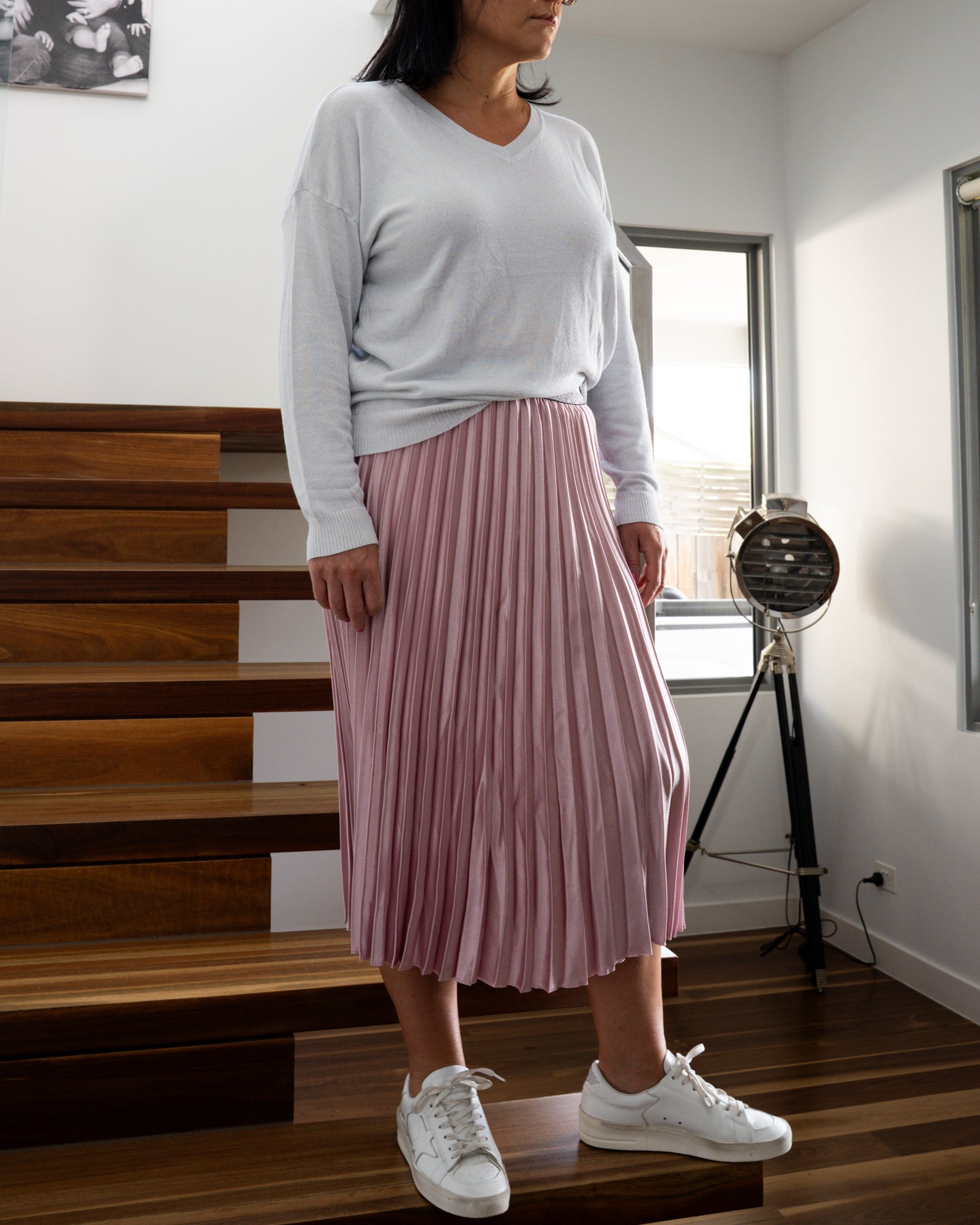 Rose Pink Metallic Waistband Pleated Skirt