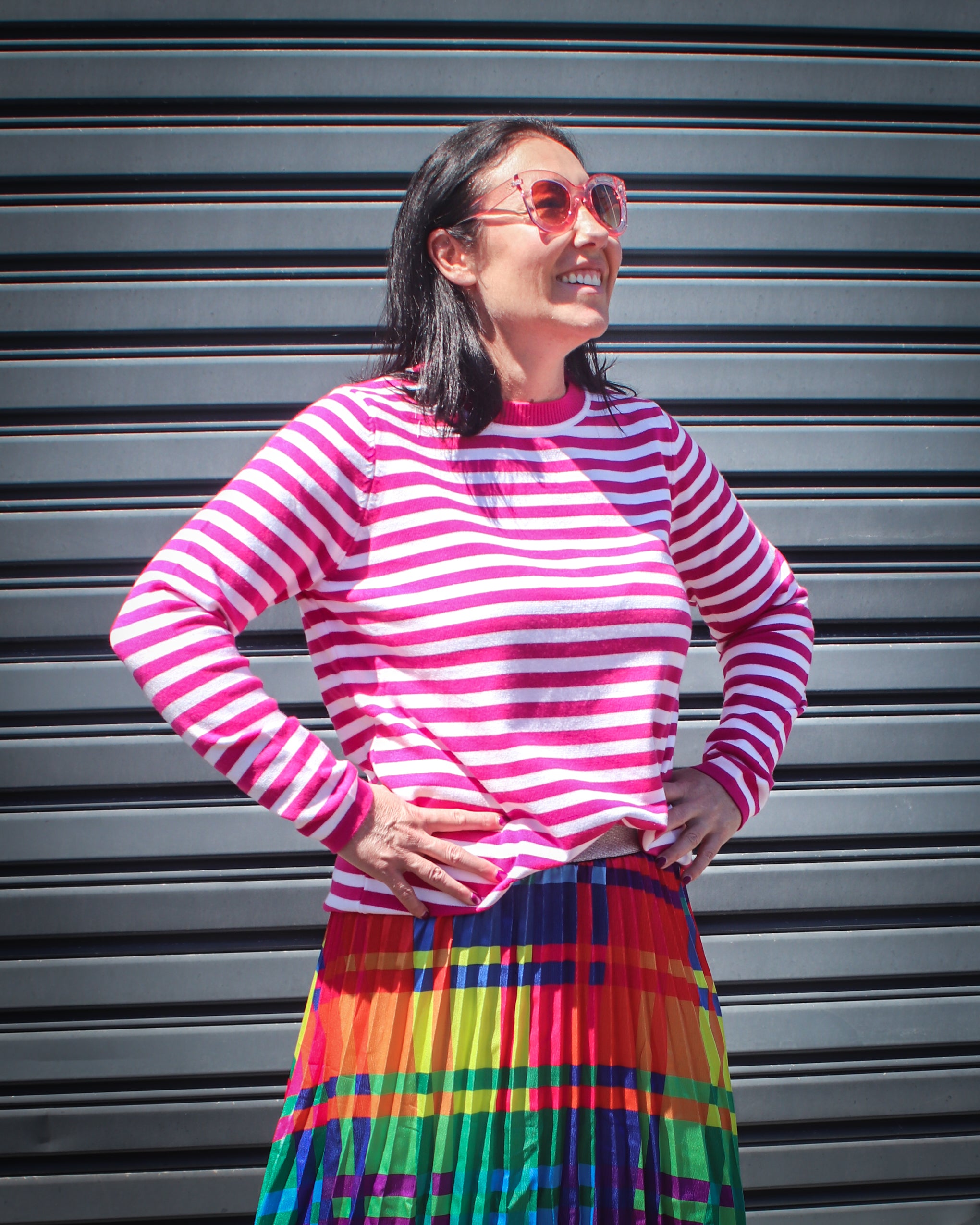 Lucky Stripe Knit Jumper - Hot Pink and White