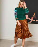 Copper Metallic Waistband Pleated Skirt