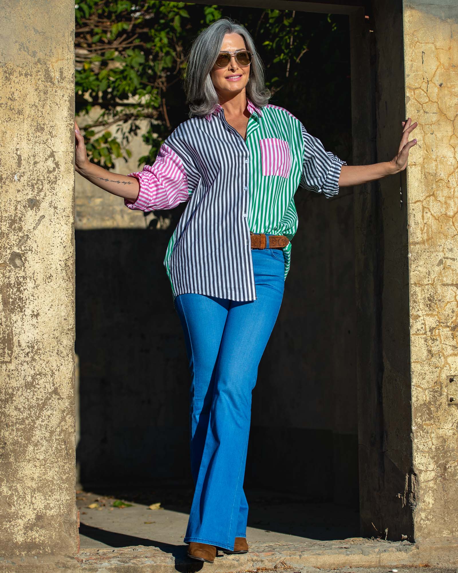 Oversized Stripe Boyfriend Shirt - Black, Green and Pink