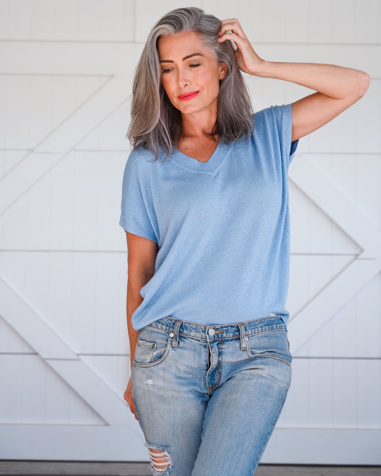 V-Neck Short Sleeve Lurex - Pale Blue